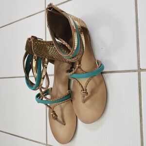 Aldo zipper sandalsWomen’s Brown and Turquoise Egyptian Roman Style Strappy Sand